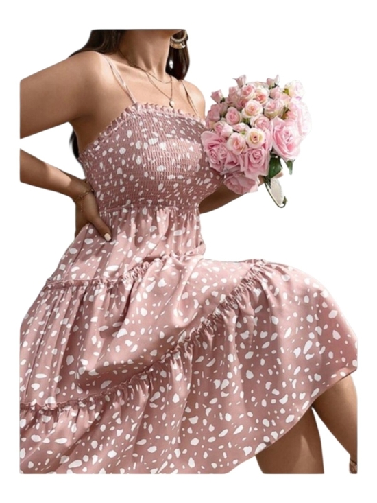 None Dresses & Skirts - Smocked Spaghetti Strap Pink Polka Dot Midi Dress Size Large